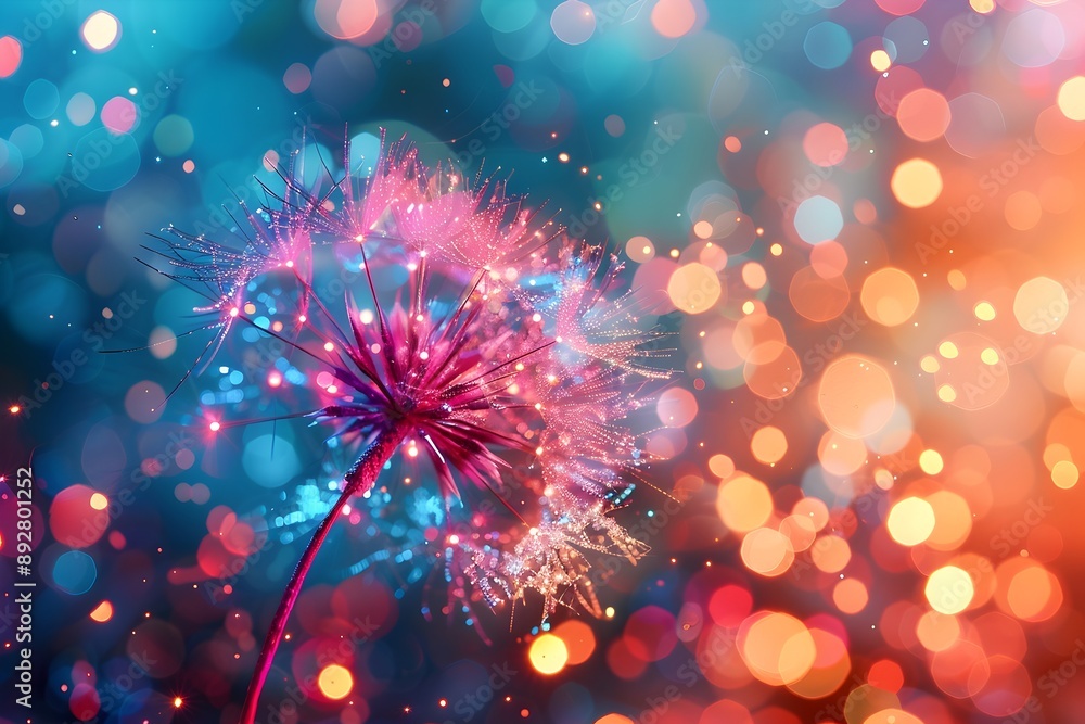 Vibrant Bokeh Background with Dandelion Seed Head Floating Vibrant Bokeh Background with Dandelion Seed Head Floating