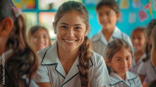 a cute female teacher is giving class to happy students