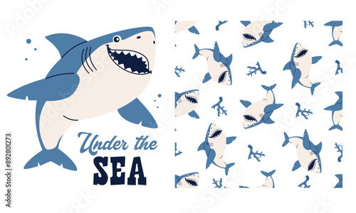 Vector set for product print, print and seamless pattern. Cute shark and lettering. Seamless vector pattern . Vector illustration