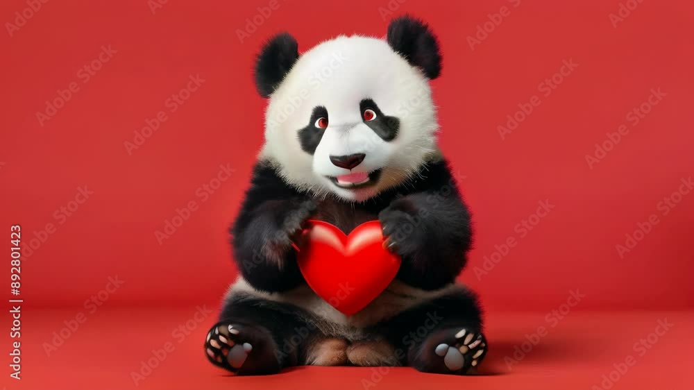 Cute Panda with big red heart in her paws. Happy Valentine day and romantic video. Love concept Cute Panda with big red heart in her paws. Happy Valentine day and romantic video. Love concept