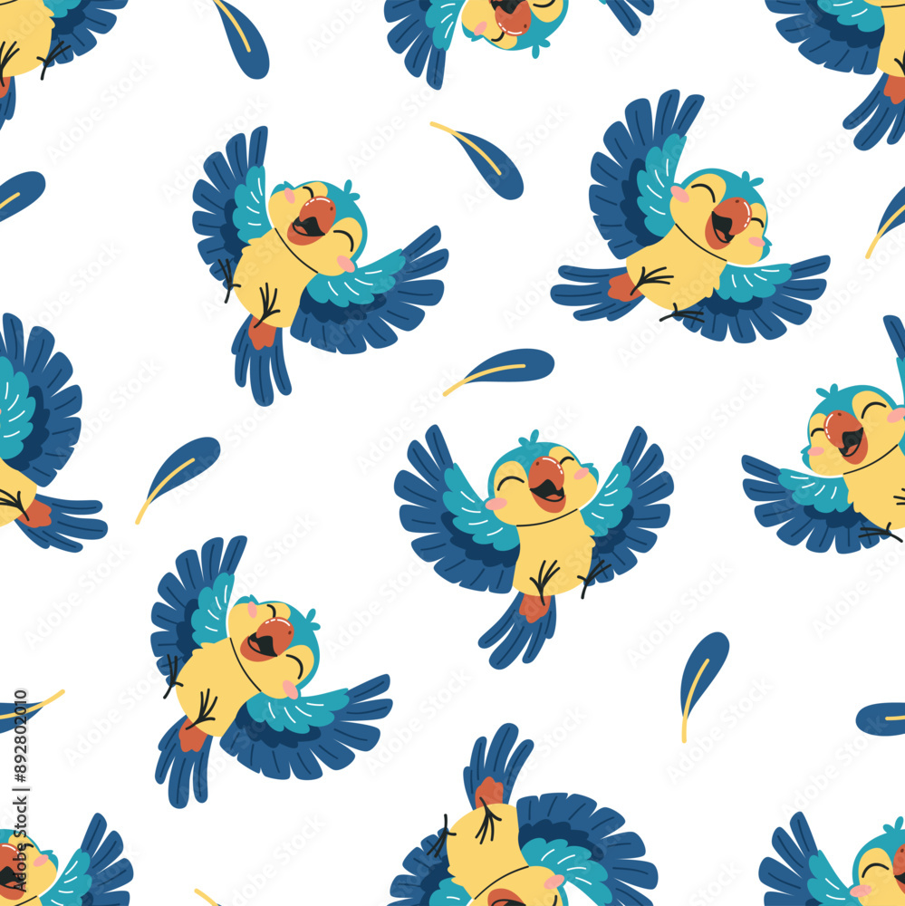 Fototapeta premium Seamless vector pattern. Cute happy parrot and feathers on white background. Vector illustration