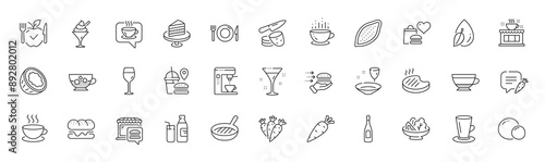 Cocoa nut, Food market and Plate line icons. Pack of Coffee cup, Vegetarian food, Coffee icon. Carrots, Cake, Carrot pictogram. Coconut, Milk, Potato chips. Teacup, Water drop, Chat bubble. Vector