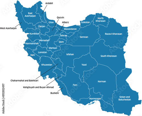 Colorful editable vector political map of Iran, showing its various provinces. Each province is labeled with its name. photo