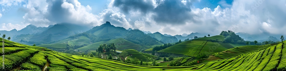 Beautiful tea garden landscape in Guangxi Province with fluffy white clouds Beautiful tea garden landscape in Guangxi Province with fluffy white clouds