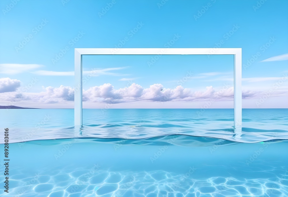 A large white square frame partially submerged in calm, turquoise tropical water, with a clear blue sky and soft clouds in the background A large white square frame partially submerged in calm, turquoise tropical water, with a clear blue sky and soft clouds in the background
