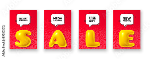 Poster templates with 3d sale text. Factory specials tag. Sale offer price sign. Advertising discounts symbol. Factory specials poster frame message. Offer chat bubbles. Text speech balloon. Vector