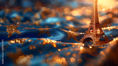 Eiffel Tower adorned with golden stars and twinkling lights, creating a festive and enchanting Parisian night scene photo