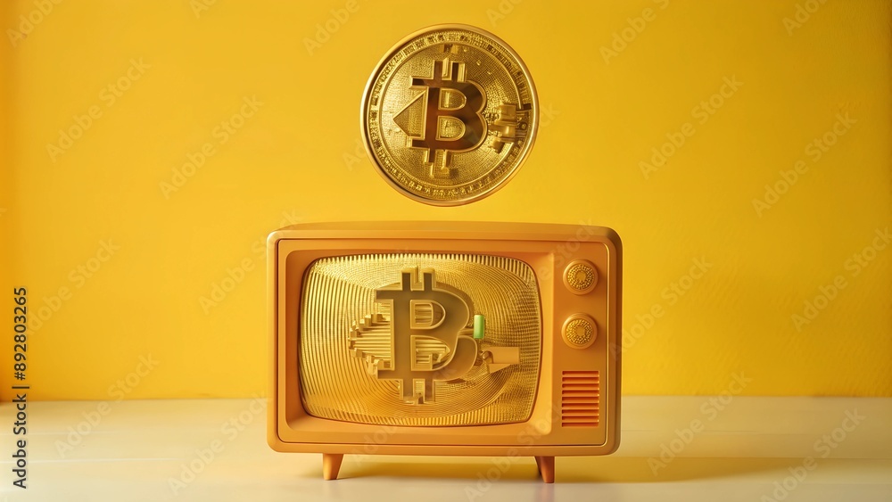 lot of Golden bitcoin flying in the air out of television or computer. lot of Golden bitcoin flying in the air out of television or computer.