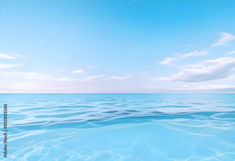 Obraz premium A large white square frame partially submerged in calm, turquoise water, surrounded by lush green palm trees on the shore, a clear blue sky and fluffy clouds above, morning light enhancing the scene.