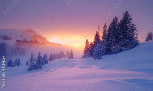 Wallpaper Mural Serene Winter Sunset Over Snowy Coniferous Forest in Alpine Valley, Captivating Purple and Orange Dusk Light Creates Peaceful Mood Perfect for Nature and Landscape Lovers Torontodigital.ca
