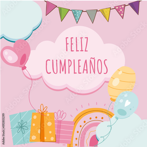 tarjeta o diadema para desear un feliz cumpleaños en rosa en una nube para un niño con regalos de banderines de varios colores alrededor de los globos sobre un fondo rosa