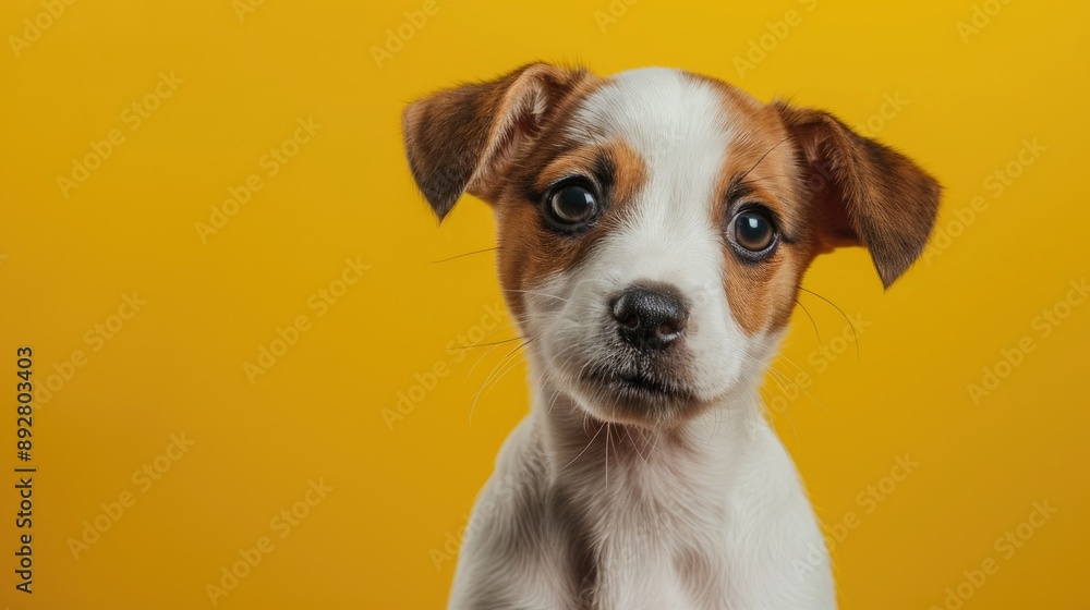 Adorable Two Month Old Jack Russell Terrier Puppy with Folded Ears on Yellow Background Adorable Two Month Old Jack Russell Terrier Puppy with Folded Ears on Yellow Background