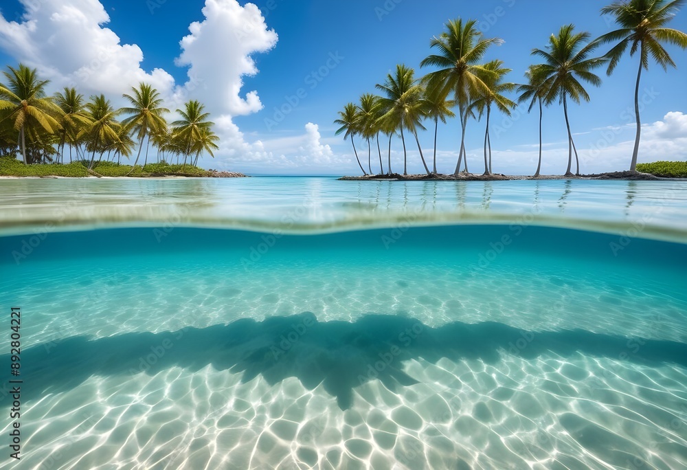 A large white square frame partially submerged in calm, turquoise water, surrounded by lush green palm trees on the shore, a clear blue sky and fluffy clouds above, morning light enhancing the scene. A large white square frame partially submerged in calm, turquoise water, surrounded by lush green palm trees on the shore, a clear blue sky and fluffy clouds above, morning light enhancing the scene.