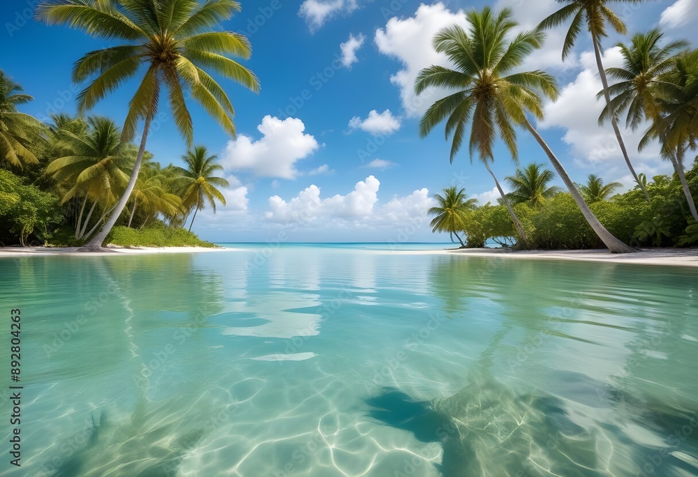 A large white square frame partially submerged in calm, turquoise water, surrounded by lush green palm trees on the shore, a clear blue sky and fluffy clouds above, morning light enhancing the scene. A large white square frame partially submerged in calm, turquoise water, surrounded by lush green palm trees on the shore, a clear blue sky and fluffy clouds above, morning light enhancing the scene.