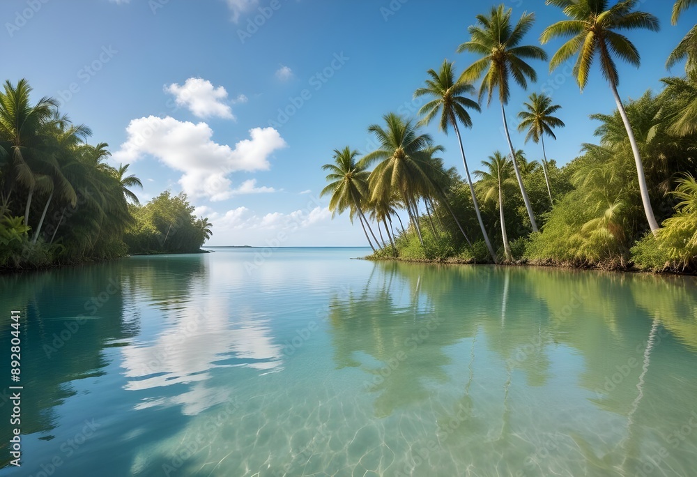 A large white square frame partially submerged in calm, turquoise water, surrounded by lush green palm trees on the shore, a clear blue sky and fluffy clouds above, morning light enhancing the scene.