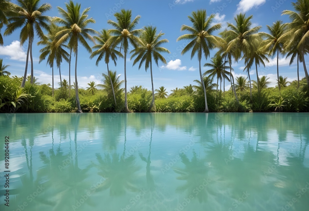 A large white square frame partially submerged in calm, turquoise water, surrounded by lush green palm trees on the shore, a clear blue sky and fluffy clouds above, morning light enhancing the scene. A large white square frame partially submerged in calm, turquoise water, surrounded by lush green palm trees on the shore, a clear blue sky and fluffy clouds above, morning light enhancing the scene.