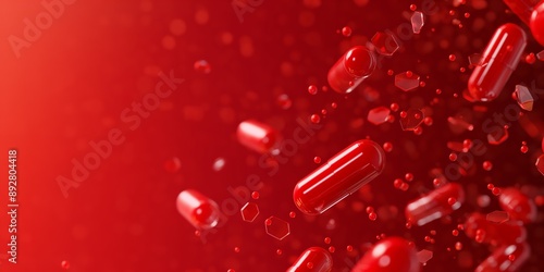 Red capsules floating on a vibrant red background. Conceptual imagery for health, medicine, and pharmaceutical industries. Ideal for medical articles, health blogs, and promotional material