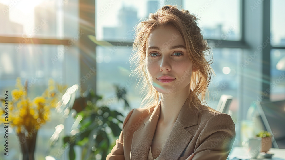 businesswoman in a sunlit office with natural light, exuding professionalism and elegance businesswoman in a sunlit office with natural light, exuding professionalism and elegance