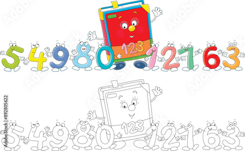 Cartoon character primary mathematics textbook with funny colorful toy numbers friendly smiling and waving in greeting, a set of vector illustrations