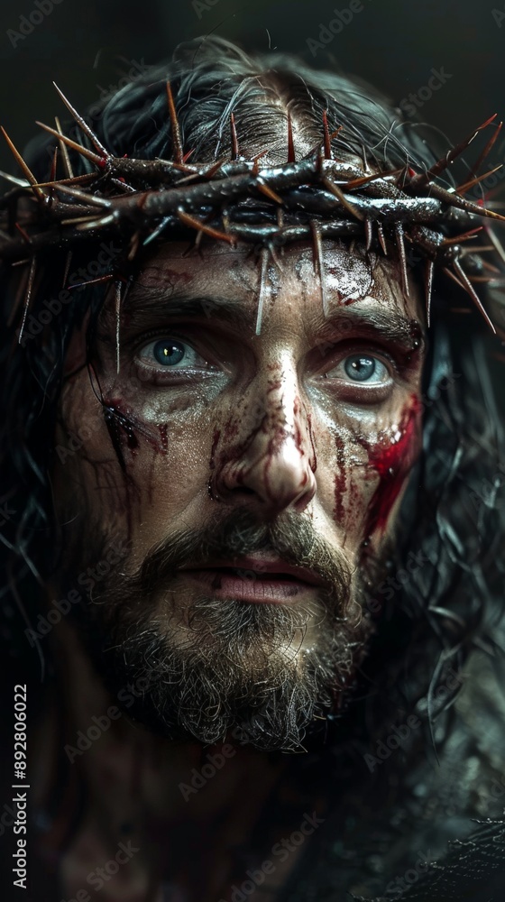 Jesus' countenance is solemn, his crown filled with sharp thorns Jesus' countenance is solemn, his crown filled with sharp thorns