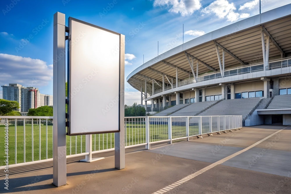 Empty white signboard mockup at a sports stadium entrance Empty white signboard mockup at a sports stadium entrance