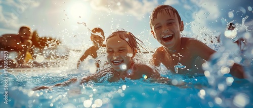 Photorealistic happy family playing in pool, bright day, splashing water, laughing faces, colorful pool toys, detailed water droplets, dynamic shot