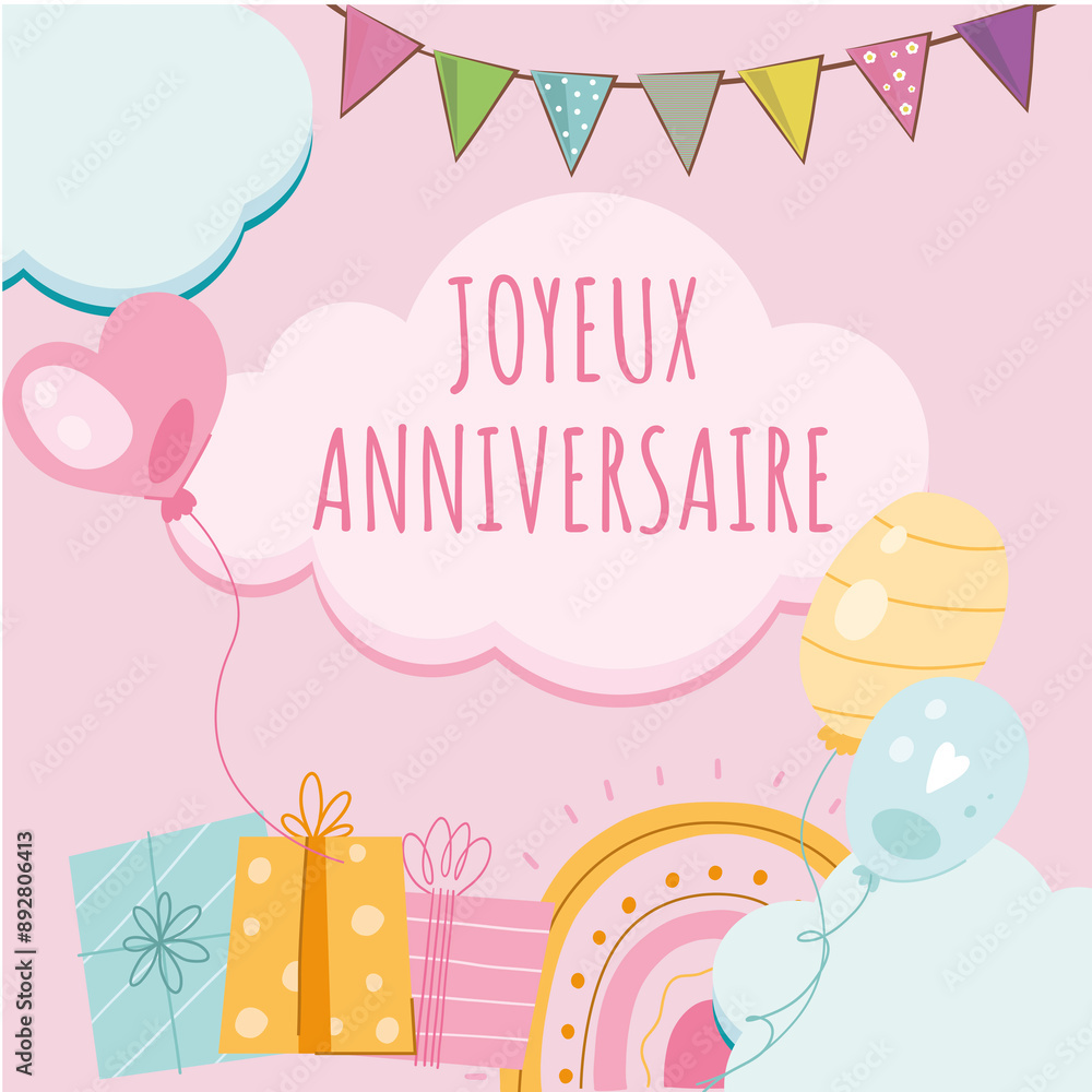 carte ou bandeau pour souhaiter un joyeux anniversaire en rose dans un nuage pour un enfant avec autour des ballons des cadeaux fanion de plusieurs couleurs sur un fond rose carte ou bandeau pour souhaiter un joyeux anniversaire en rose dans un nuage pour un enfant avec autour des ballons des cadeaux fanion de plusieurs couleurs sur un fond rose