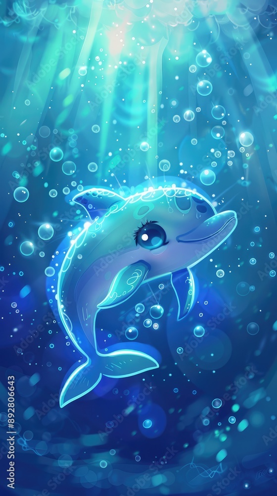 Fototapeta premium Glowing Dolphin in a Blue Ocean