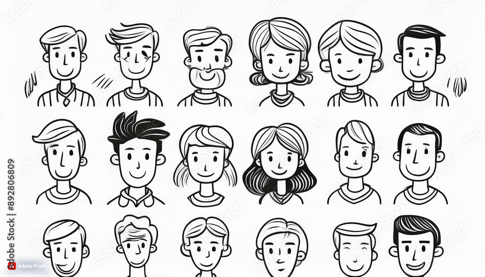 Simple line art, white background, flat vector illustrations of various male characters with different facial expressions Simple line art, white background, flat vector illustrations of various male characters with different facial expressions