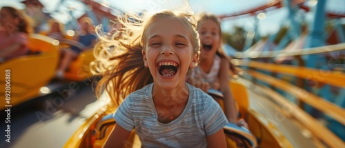 Photorealistic happy family at theme park, sunny day, riding roller coaster, joyful screams, detailed scenery, colorful attractions, dynamic action shot