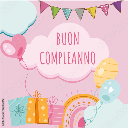 biglietto o fascia per augurare buon compleanno a un bambino in rosa in una nuvola con stendardi di vari colori attorno ai palloncini su sfondo rosa