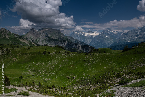 Landscape view of the Swiss alps, shot in Schynigge Plate near Interlaken, Switzerland