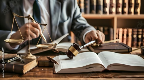 A lawyer who serves as both a businessman and a legal counselor examines company contracts in legal processing books to make sure all the paperwork is accurate, paying particular attention to informat photo