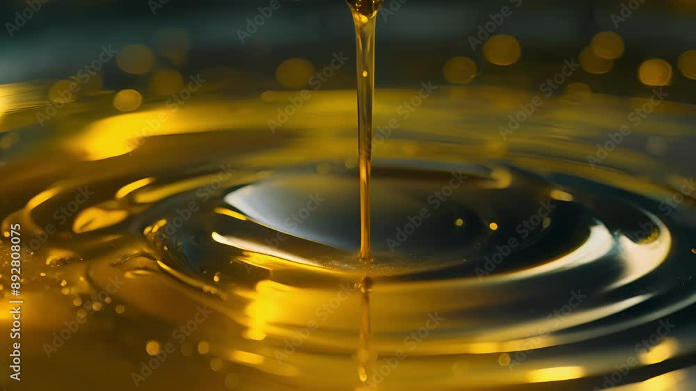 An extreme closeup of a single drop of olive oil falling into a pool of ...