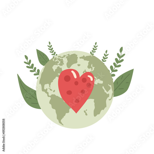 Global charity emblem. Planet Earth with heart isolated on white background. Vector illustration.