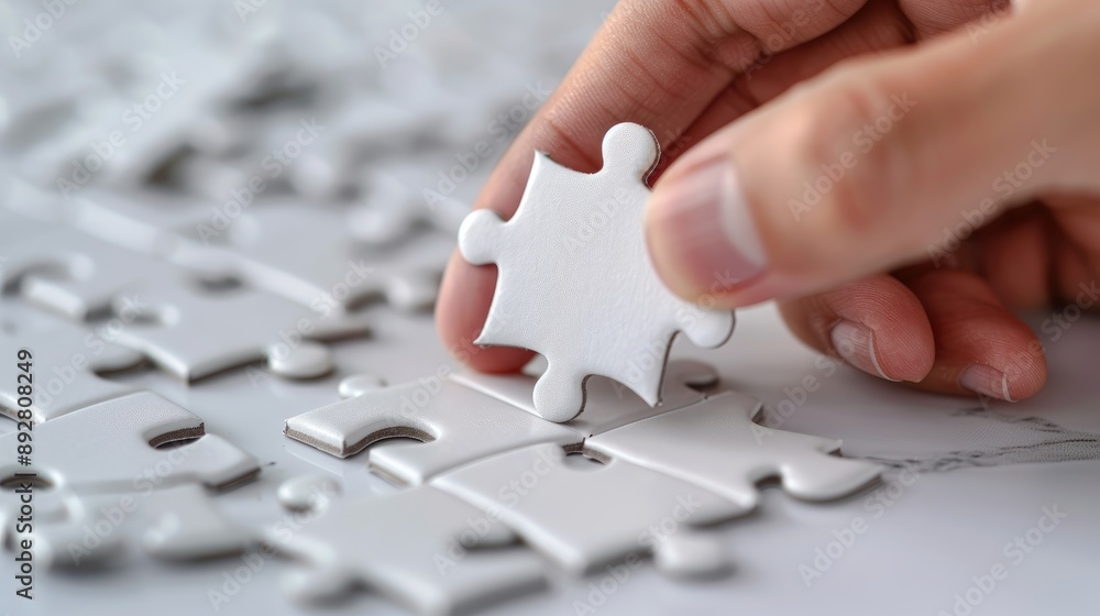 A hand places a white puzzle piece into a partially completed puzzle on a white surface, symbolizing problem-solving or completing a task. A hand places a white puzzle piece into a partially completed puzzle on a white surface, symbolizing problem-solving or completing a task.