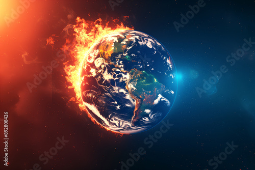 Burning earth on fire caused of Global Warming effect. Generative Ai.