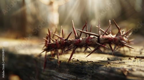 Jesus' crown of thorns resting on a humble wooden bench. In the background