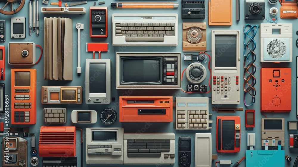 Fototapeta premium Creative paper-cut art of collection of retro electronic devices and gadgets arranged on a light background, symbolizing vintage technology and nostalgia.