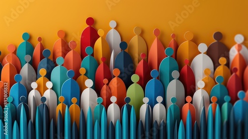 A vibrant crowd of colorful, layered paper-cut figures, symbolizing diversity, unity, or community.