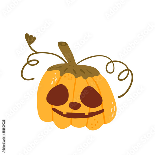 Carved lantern isolated on white background. Textured stylized autumn ripe vegetable with spooky face. Halloween pumpkin with tendrils and leaves. Vector hand drawn illustration