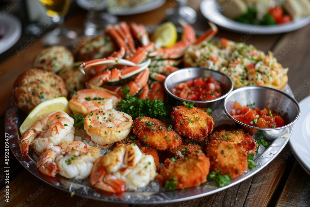 Indulge in a delectable seafood feast platter with a sumptuous assortment of shrimps, crabs, crab legs, fish, clams, oysters, squid, and mussels Indulge in a delectable seafood feast platter with a sumptuous assortment of shrimps, crabs, crab legs, fish, clams, oysters, squid, and mussels
