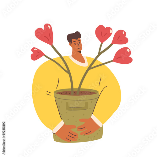 Volunteers portrait. Young man with heart plant symbol. Vector hand drawn flat illustration isolated on white background.