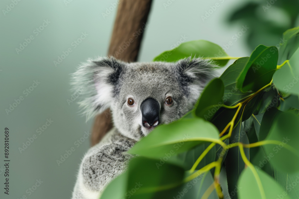 Koala on a eucalyptus tree hides among the foliage, concept of caring for wild animals Koala on a eucalyptus tree hides among the foliage, concept of caring for wild animals
