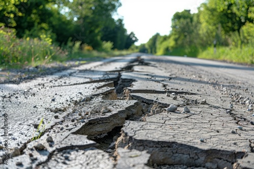 Closeup of a cracked and uneven asphalt road signifying neglect and disrepair
