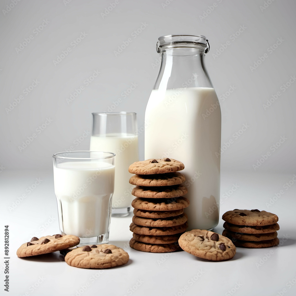 Bottle and two glasses of milk and chocolate chips cookies on white background. Bottle and two glasses of milk and chocolate chips cookies on white background.
