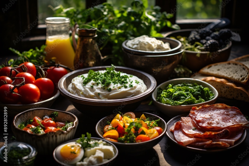 Brunch spread with a variet of dishes pastries. Village Breakfast with pastries, vegetables, greens, spreads, cheeses, fried eggs, jams Brunch spread with a variet of dishes pastries. Village Breakfast with pastries, vegetables, greens, spreads, cheeses, fried eggs, jams