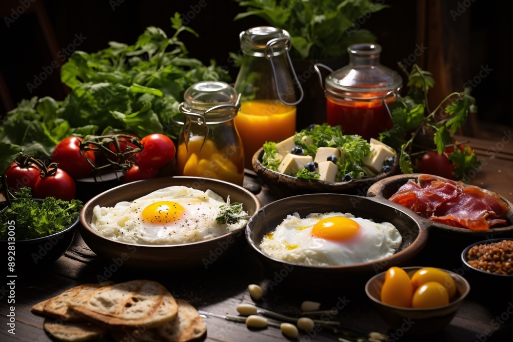 Brunch spread with a variet of dishes pastries. Village Breakfast with pastries, vegetables, greens, spreads, cheeses, fried eggs, jams Brunch spread with a variet of dishes pastries. Village Breakfast with pastries, vegetables, greens, spreads, cheeses, fried eggs, jams