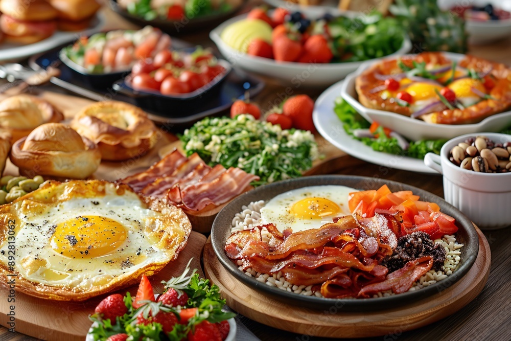 Brunch spread with a variet of dishes pastries. Village Breakfast with pastries, vegetables, greens, spreads, cheeses, fried eggs, jams.
Brunch spread with a variet of dishes pastries. Village Breakfast with pastries, vegetables, greens, spreads, cheeses, fried eggs, jams.