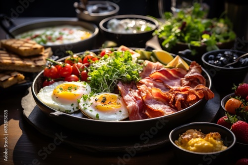 Brunch spread with a variet of dishes pastries. Village Breakfast with pastries, vegetables, greens, spreads, cheeses, fried eggs, jams.
 photo